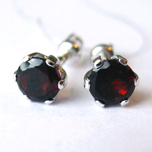 Natural Red Garnet In Sterling Silver Stud Earrings Screw Back - Picture 4 of 10